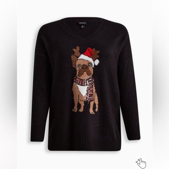 Torrid Frenchie Dog Long‎ Sleeve Black Pullover V-Neck Tunic Sweater Women’s 4X - Picture 1 of 4